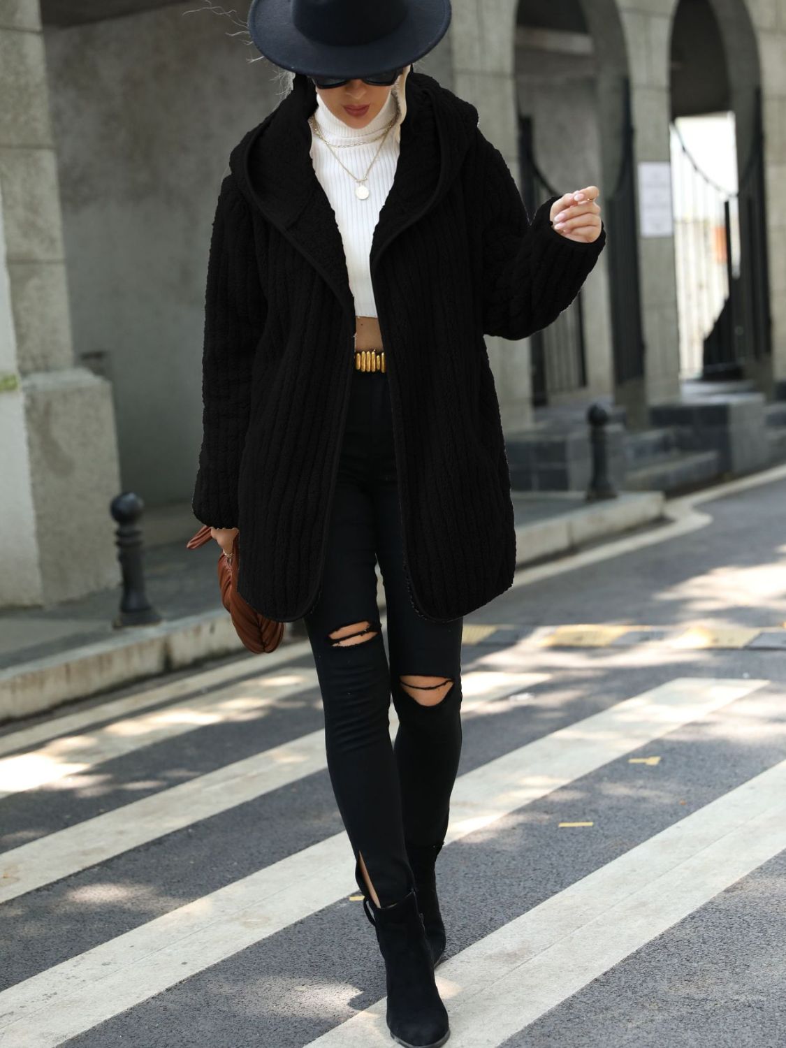 Open Front Ribbed Hooded Coat - Lilixa.store