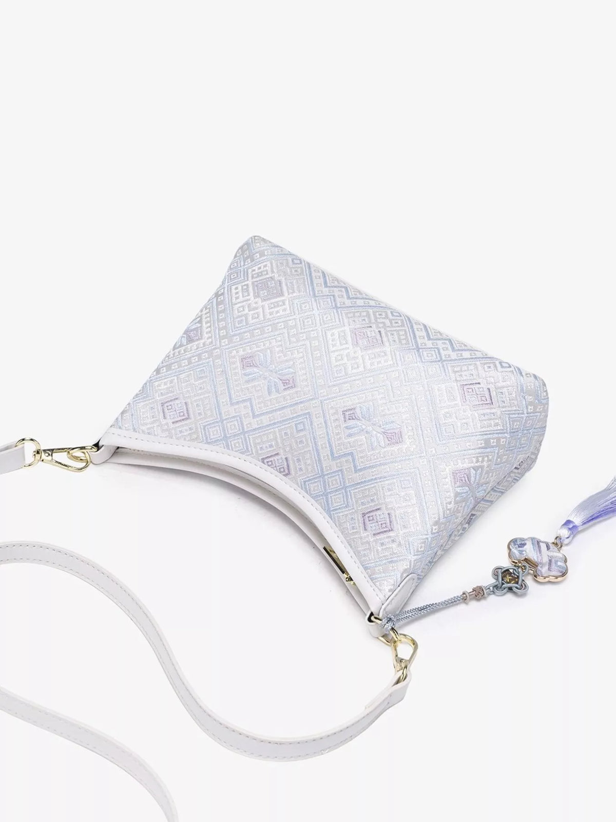 Geometric Pattern Jacquard Crossbody Bag with Tassel Charm in White, view 8