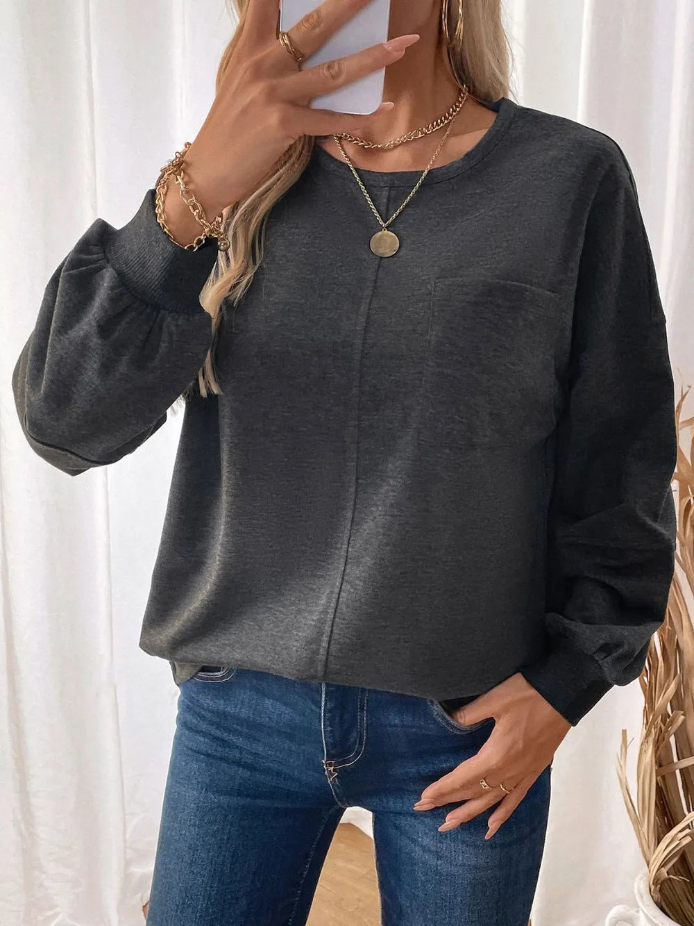 Perfee Pocketed Round Neck Long Sleeve Sweatshirt - Lilixa.store
