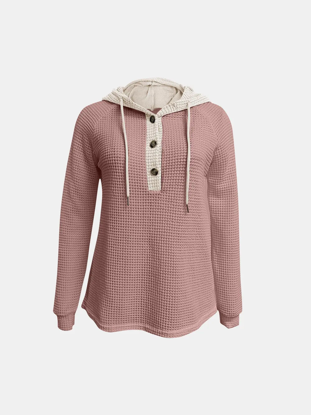 Full Size Waffle-Knit Contrast Long Sleeve Hoodie - Lilixa.store