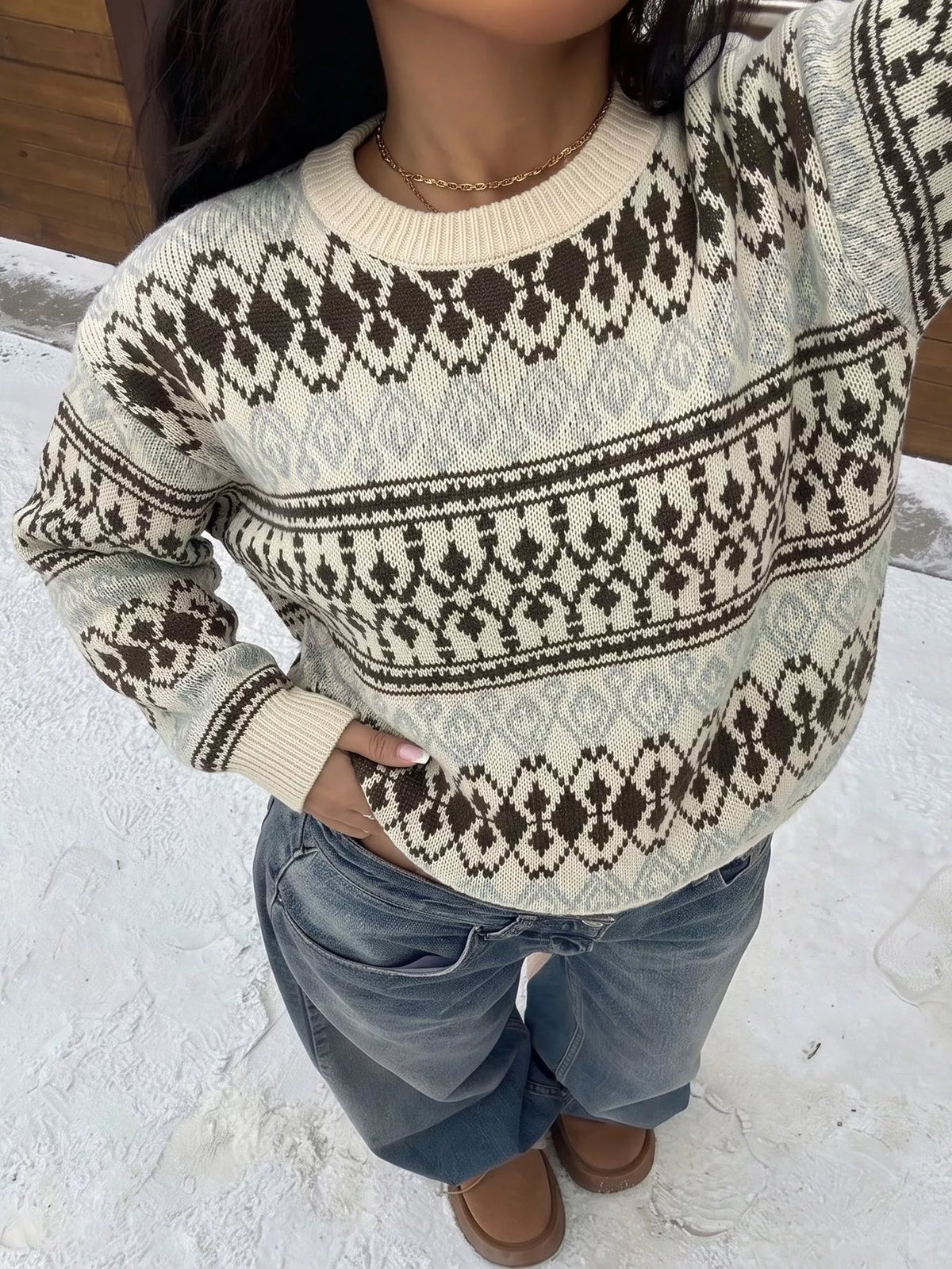 Fair Isle Pattern Crew Neck Sweater
