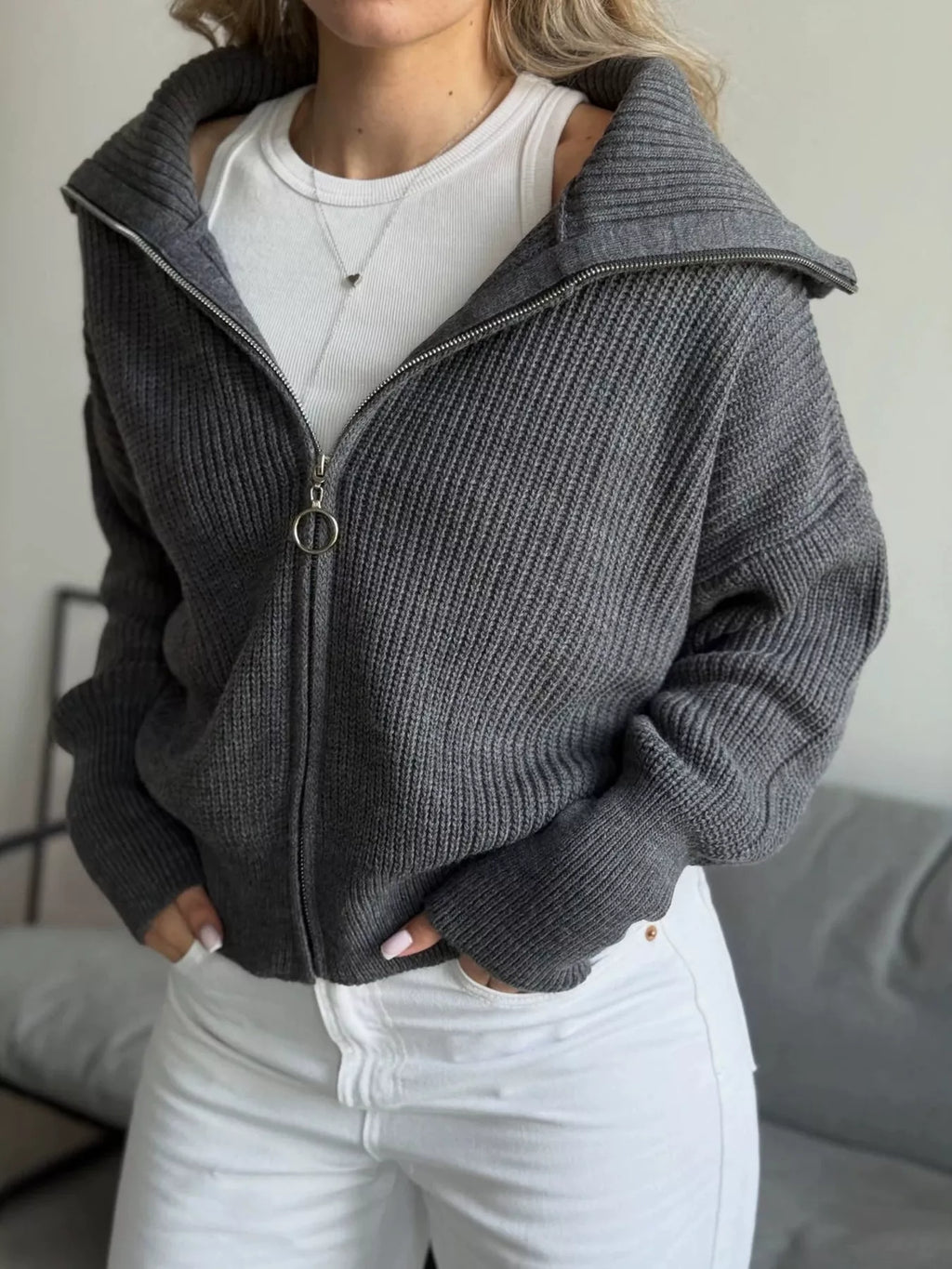 Zip Up Dropped Shoulder Cardigan - Lilixa.store