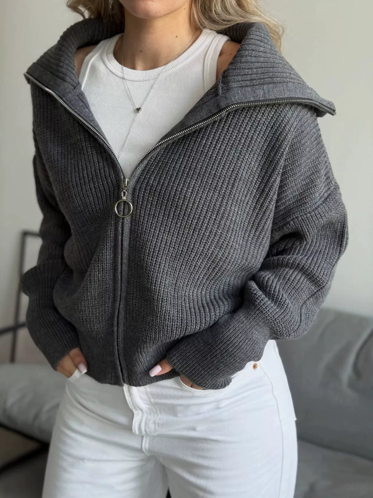 Zip Up Dropped Shoulder Cardigan - Lilixa.store