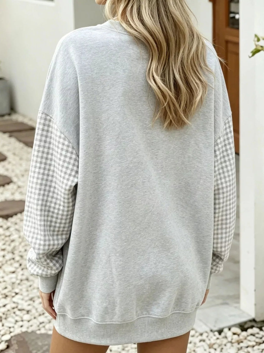 Contrast Gingham Long Sleeve Sweatshirt - Lilixa.store