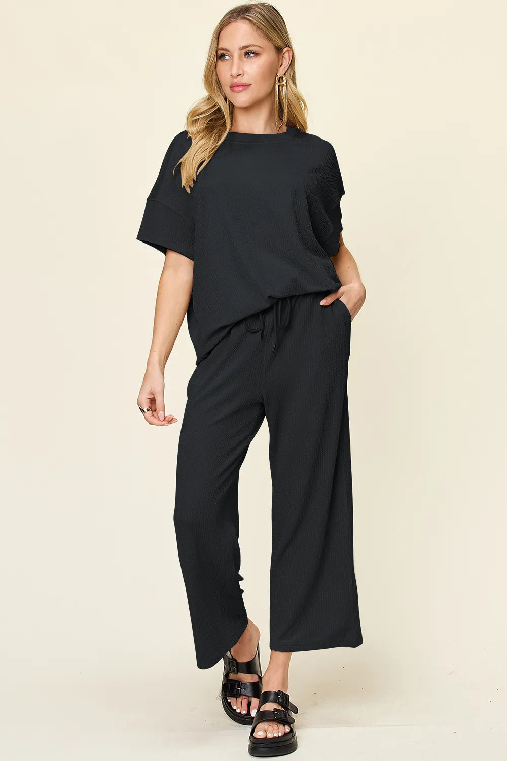 Double Take Full Size Texture Round Neck Short Sleeve T-Shirt and Wide Leg Pants in Black