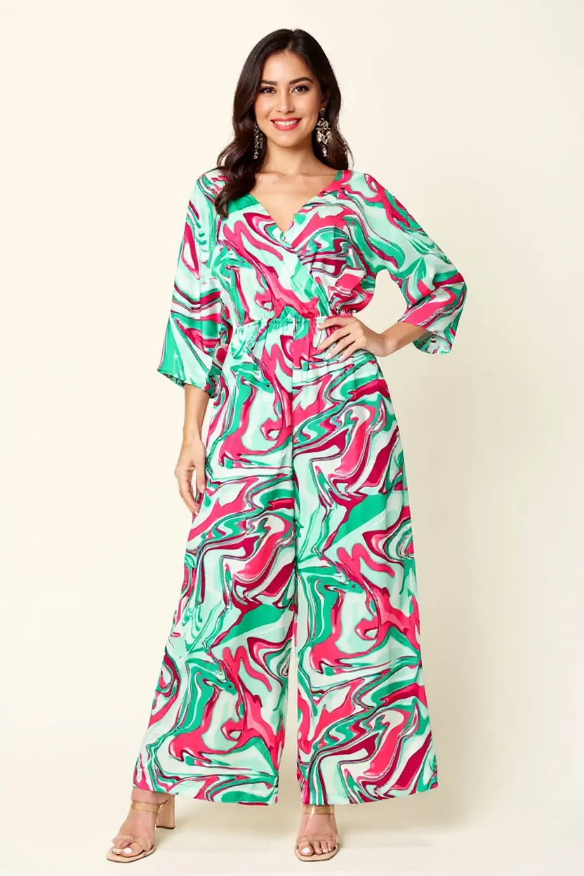 Double Take Full Size Half Sleeve Wide Leg Jumpsuit in Green