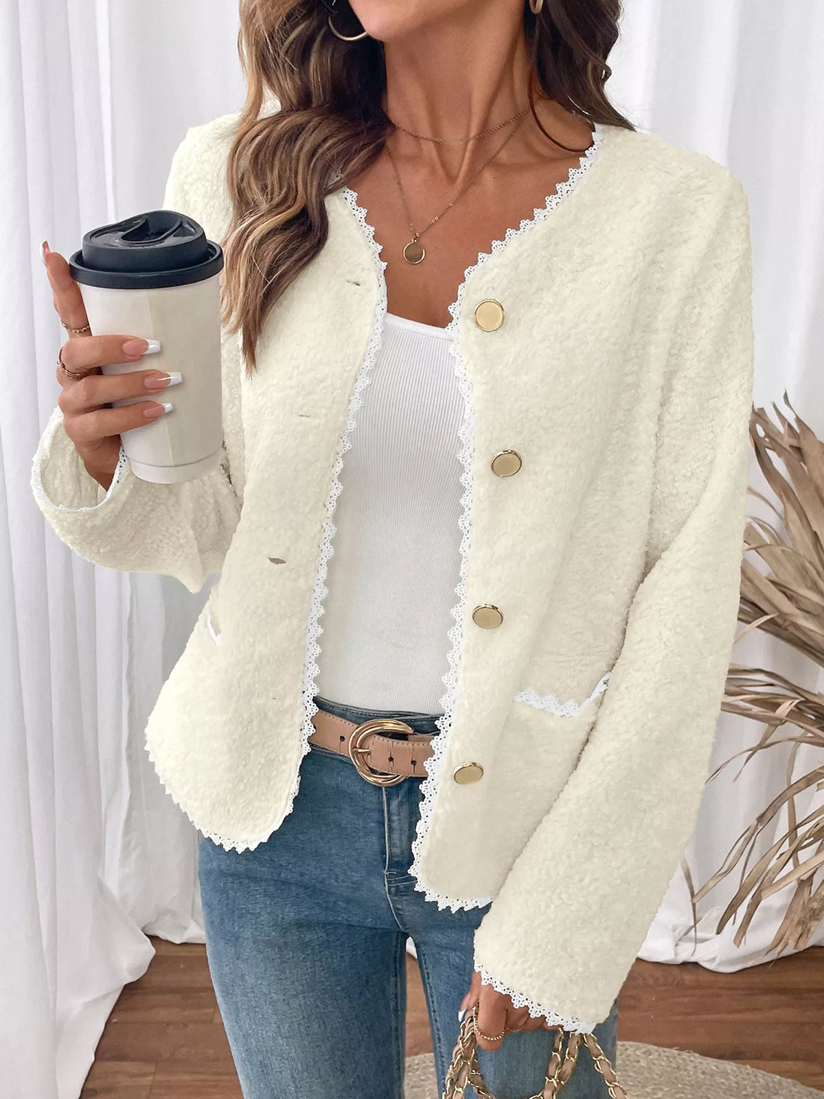 Lace Detail Button Up Long Sleeve Outerwear - Lilixa.store