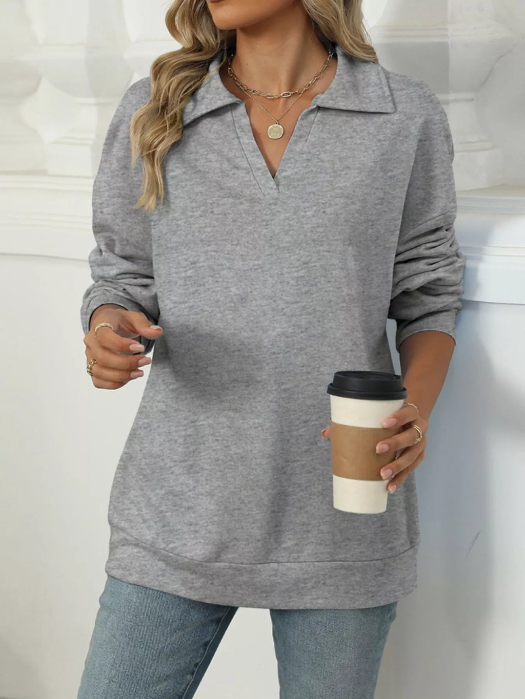 Johnny Collar Drop Shoulder Long Sleeve Sweatshirt - Lilixa.store
