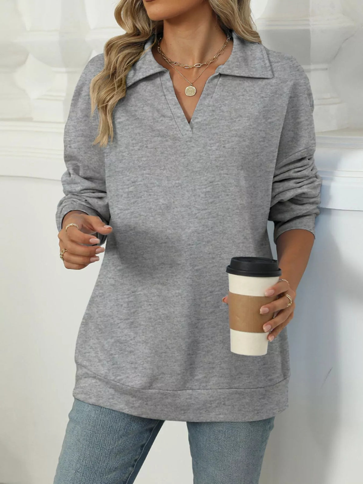 Johnny Collar Drop Shoulder Long Sleeve Sweatshirt - Lilixa.store