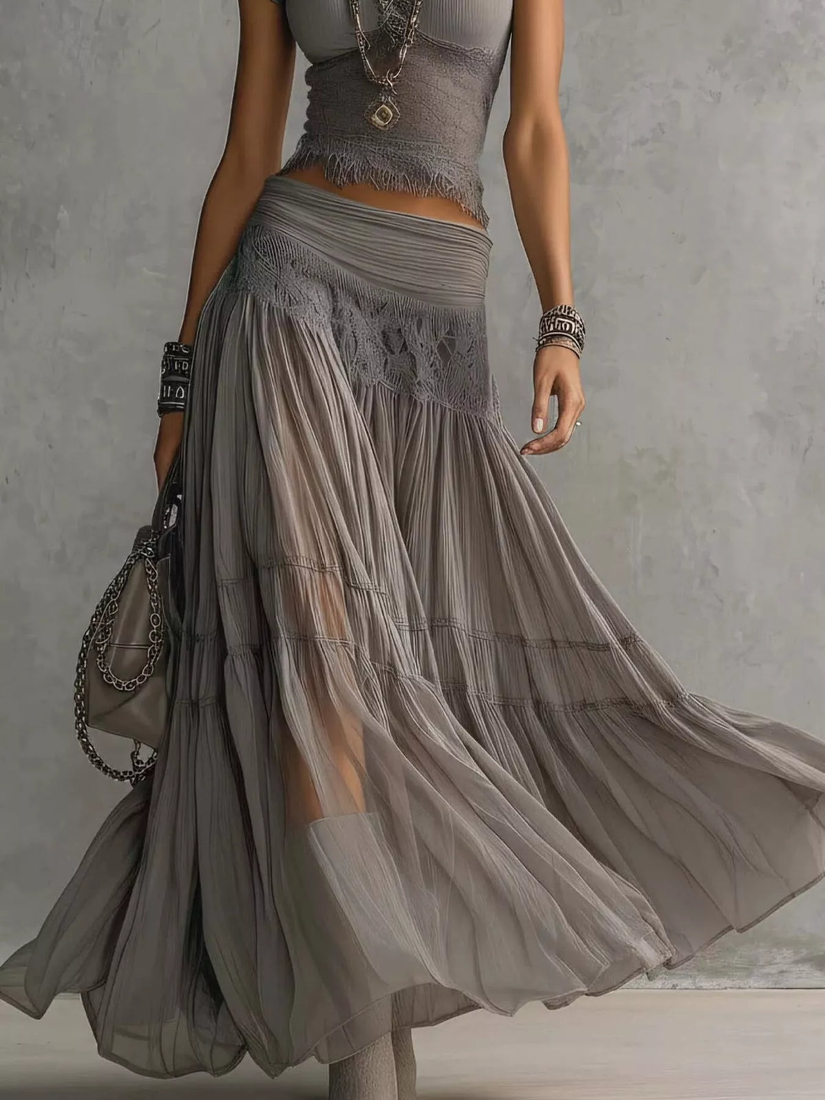 Lace Slim Fit Top and Maxi Skirt Set