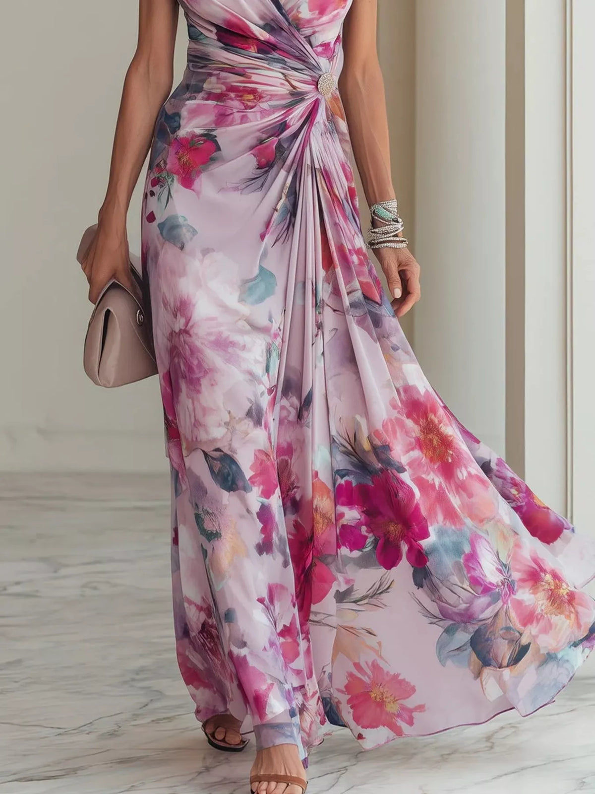 Floral Print Ruched Short Sleeve Maxi Dress - Lilixa.store