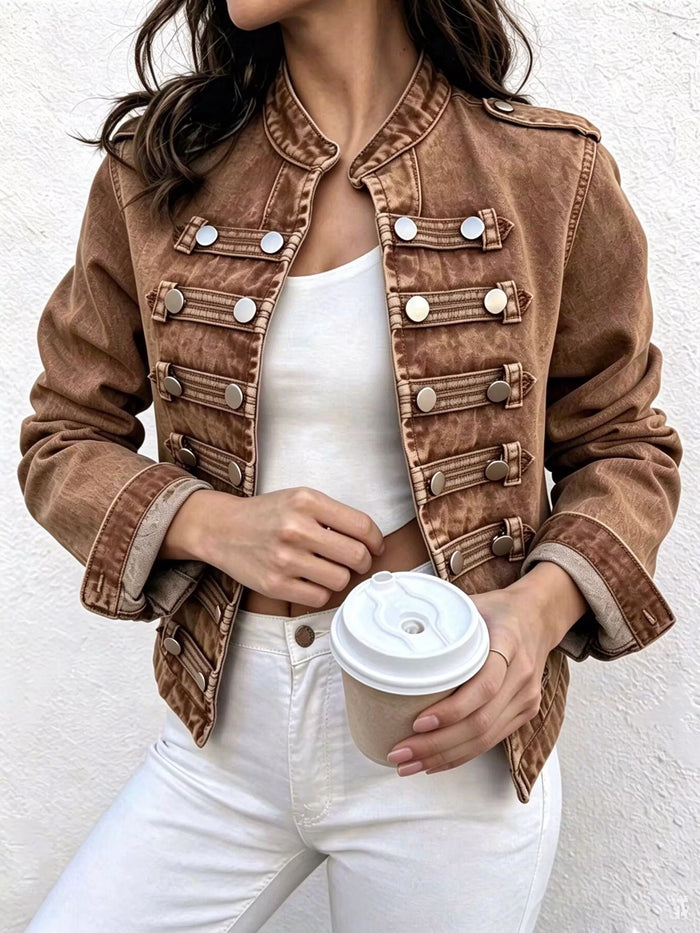 Vintage Open Front Denim Jacket with Decor Buttoned in Brown