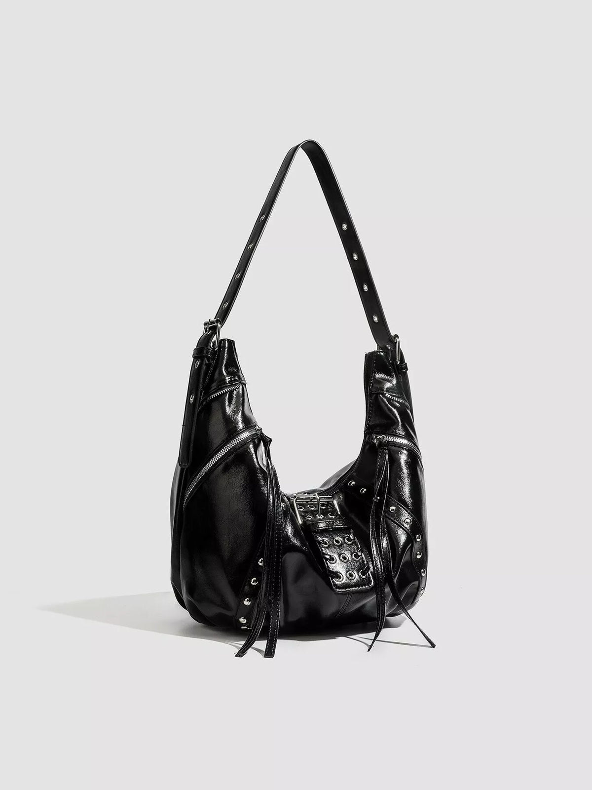 Studded Patent Leather Hobo Shoulder Bag in Black