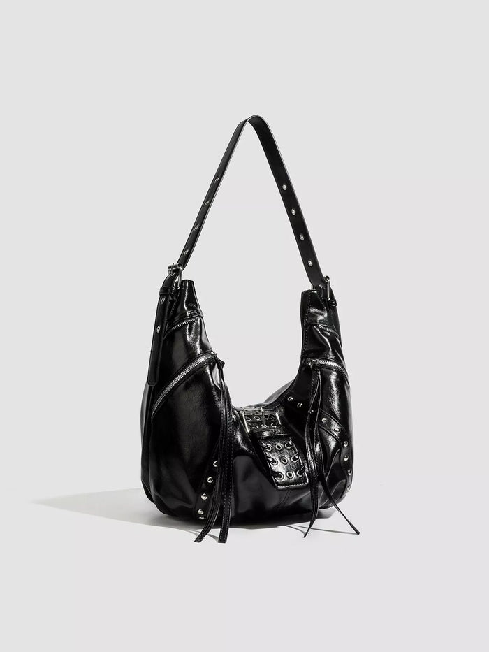 Studded Patent Leather Hobo Shoulder Bag in Black