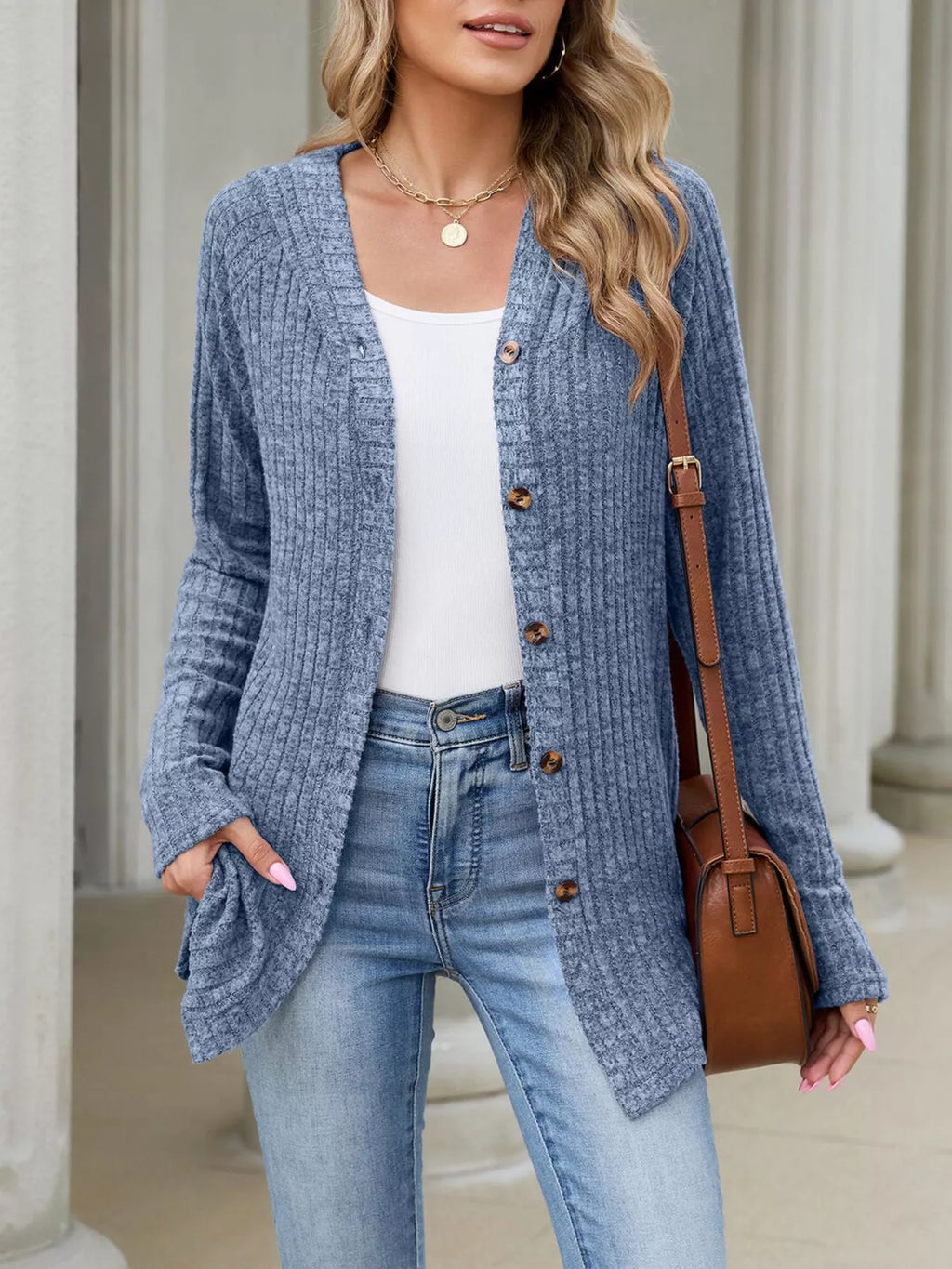 Ribbed Knit Hooded Button-Down Cardigan - Lilixa.store