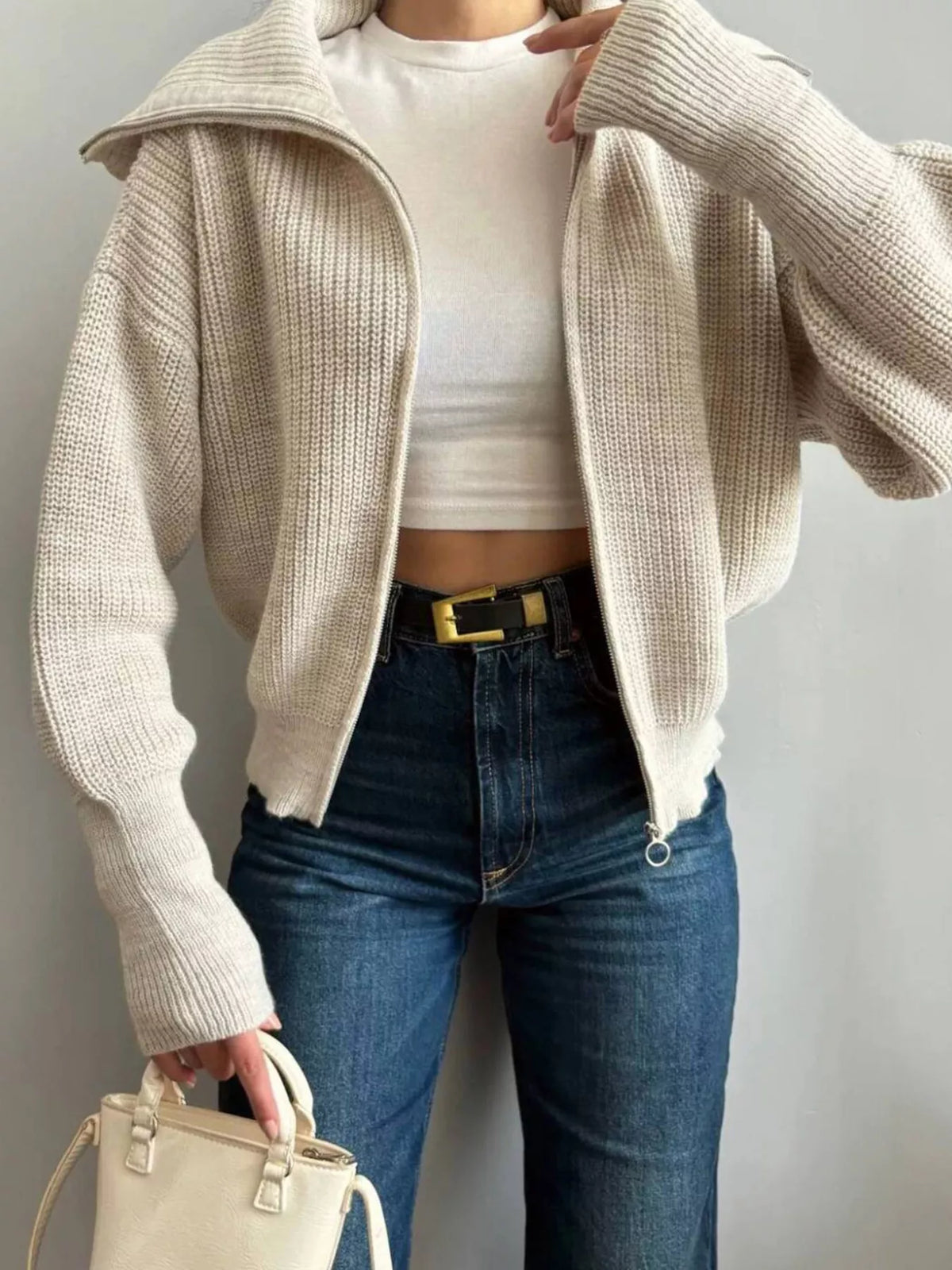 Zip Up Dropped Shoulder Cardigan - Lilixa.store