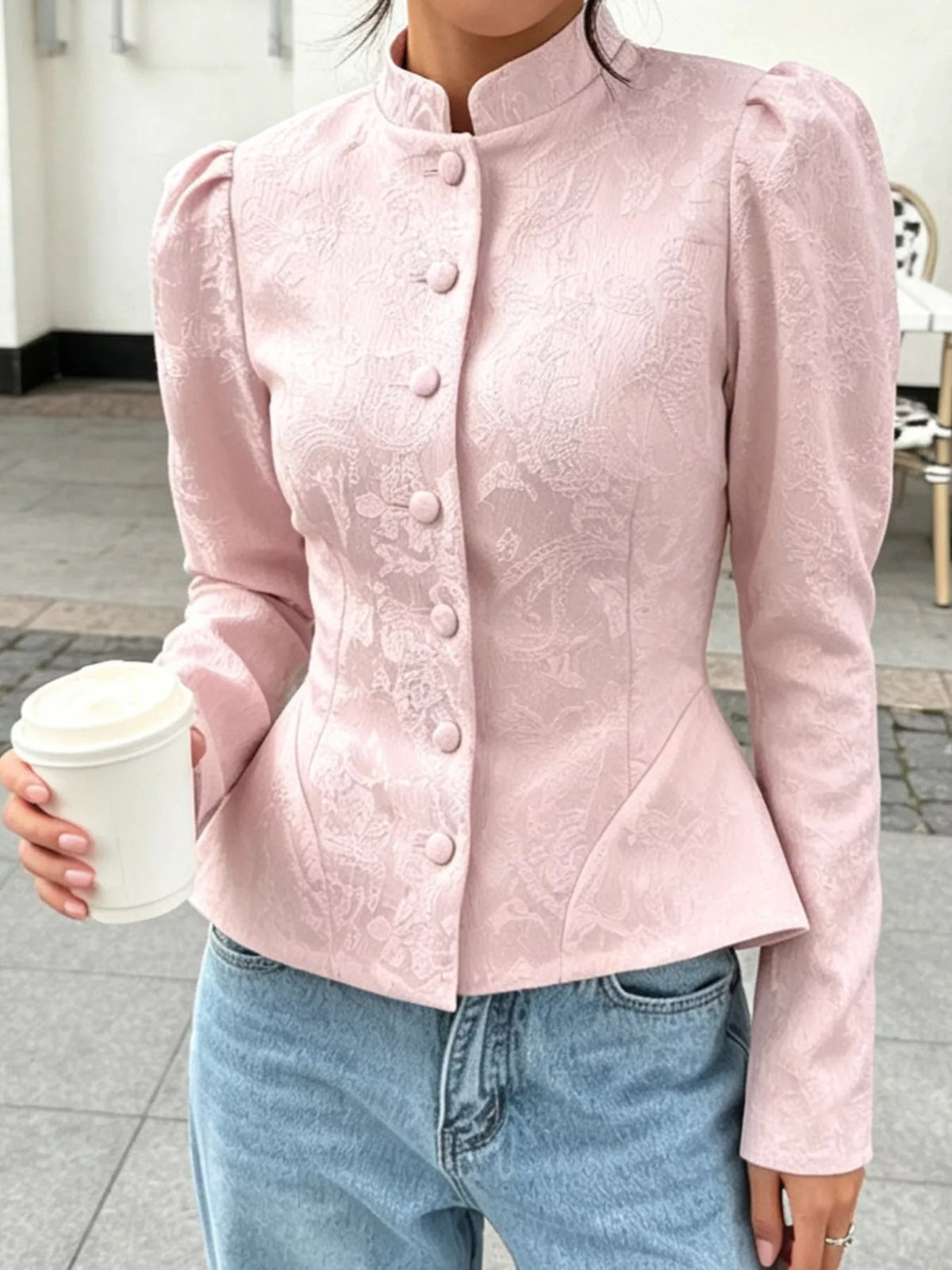 Jacquard Peplum Puff Sleeve Outerwear - Lilixa.store