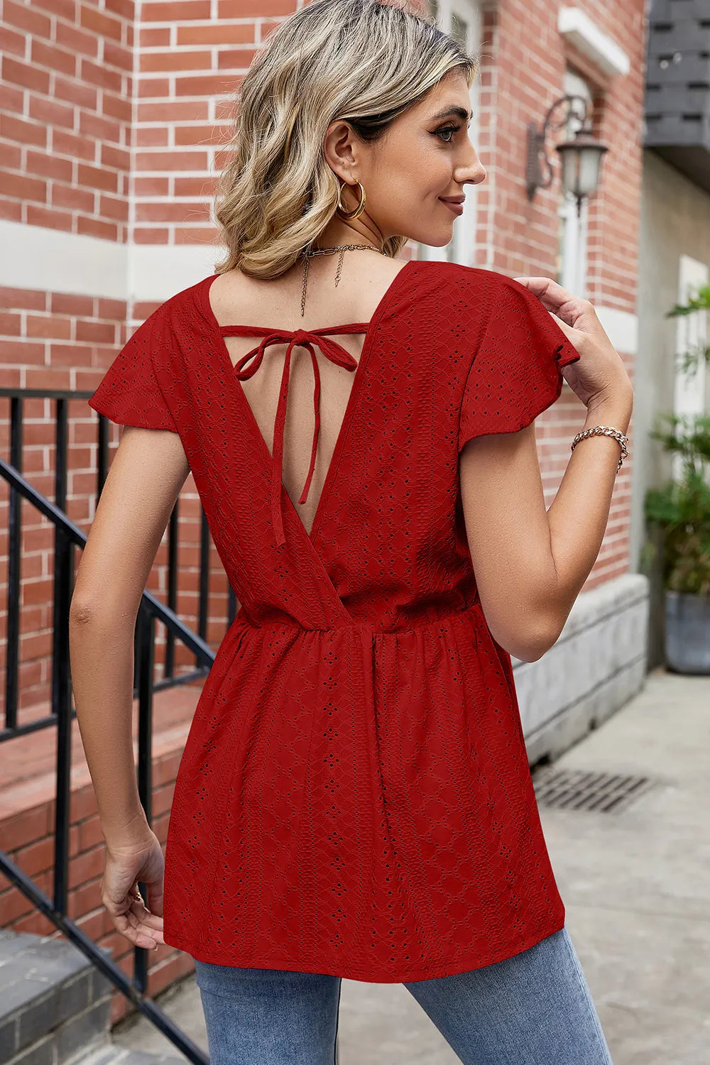 Tied Ruffled Round Neck Peplum T-Shirt - Lilixa.store