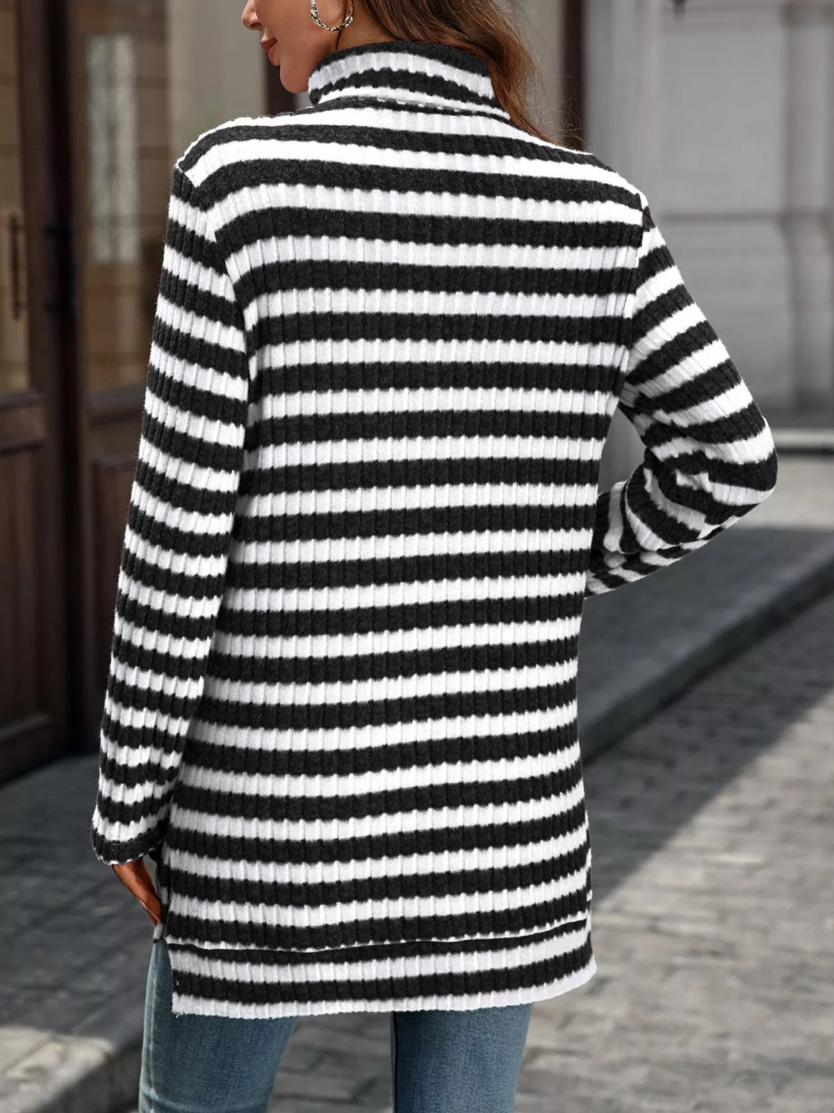 Striped Ribbed Knit Turtleneck Long Sleeve T-Shirt - Lilixa.store
