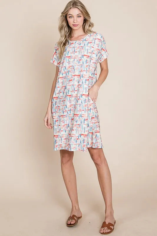 BOMBOM Printed Round Neck Short Sleeve Tee Dress - Lilixa.store