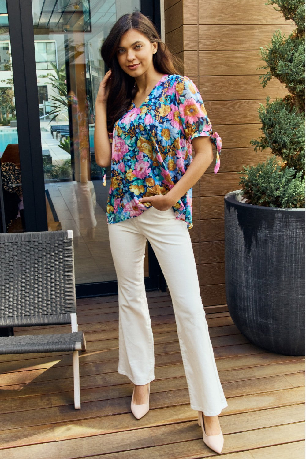 Petal Dew Full Size Floral V-Neck Tie Detail Blouse in Navy/Pink, view 4