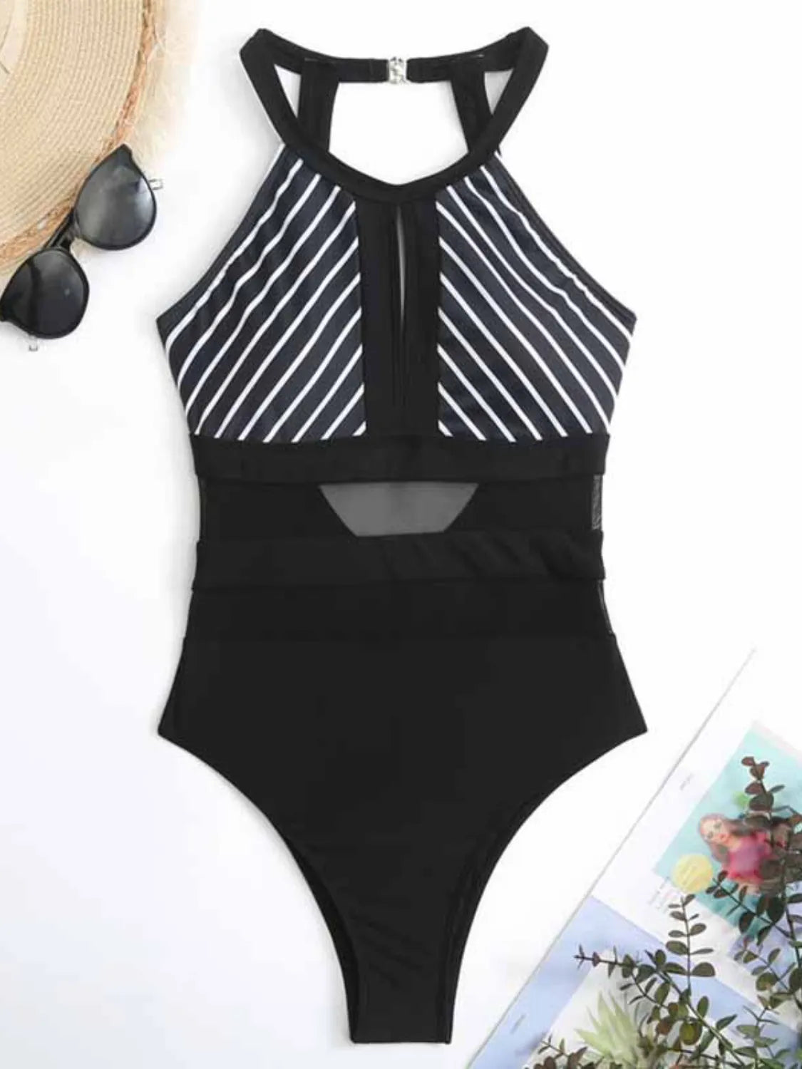 Mesh Detail Backless Striped One-Piece Swimsuit - Lilixa.store