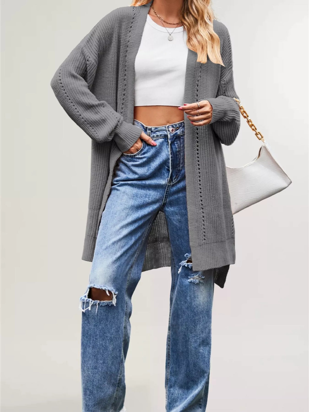 Open Front Openwork Knit Longline Cardigan - Lilixa.store