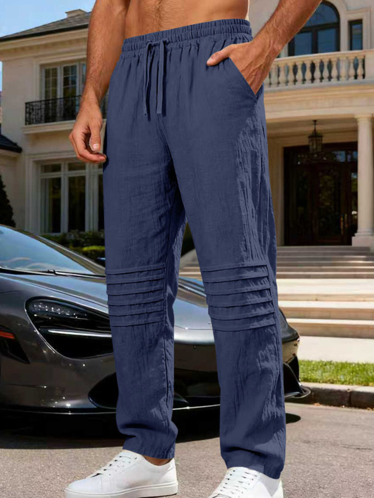 Men's Full Size Casual Drawstring Pants Plus Size in Navy Blue