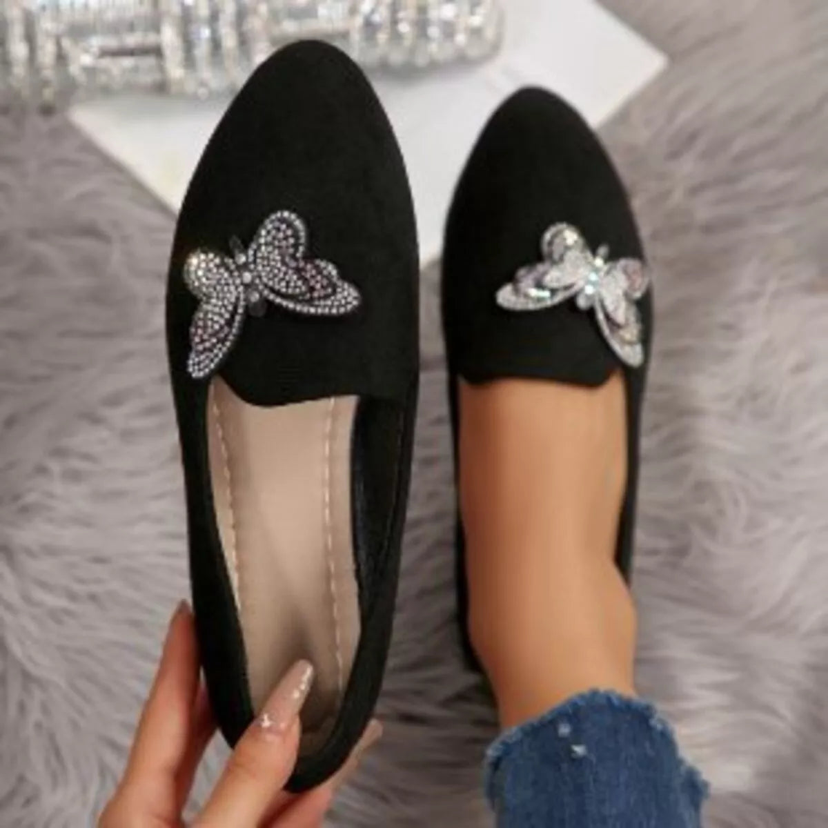 Butterfly Decor Slip-Ons in Black, view 3