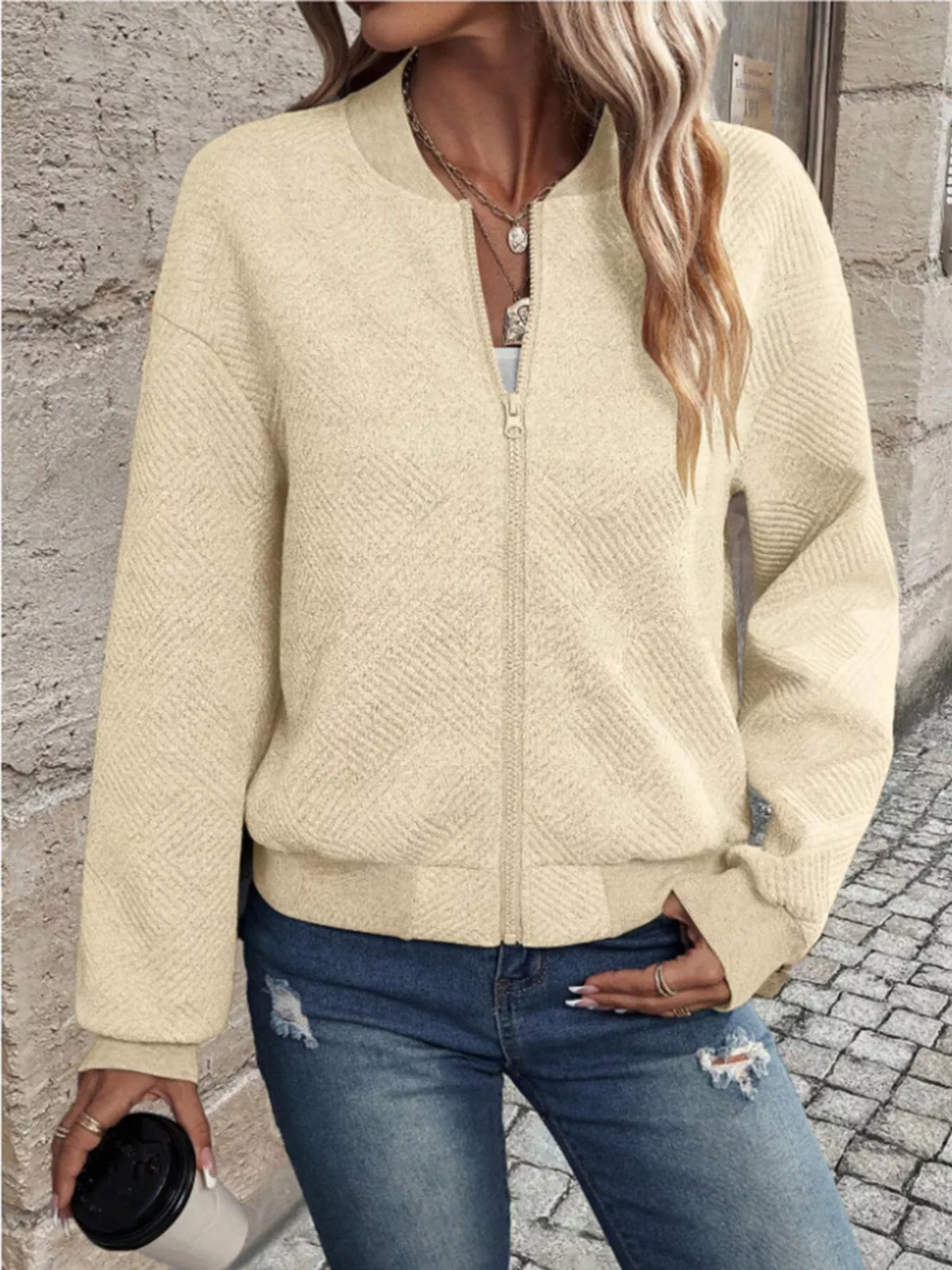 Textured Knit Zip-Up Bomber Jacket