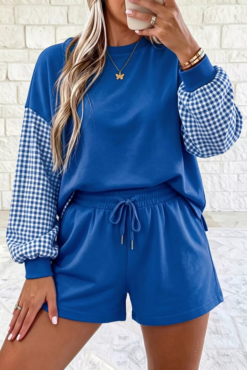 Gingham Patchwork Long Sleeve Sweatshirt and Shorts Set - Lilixa.store