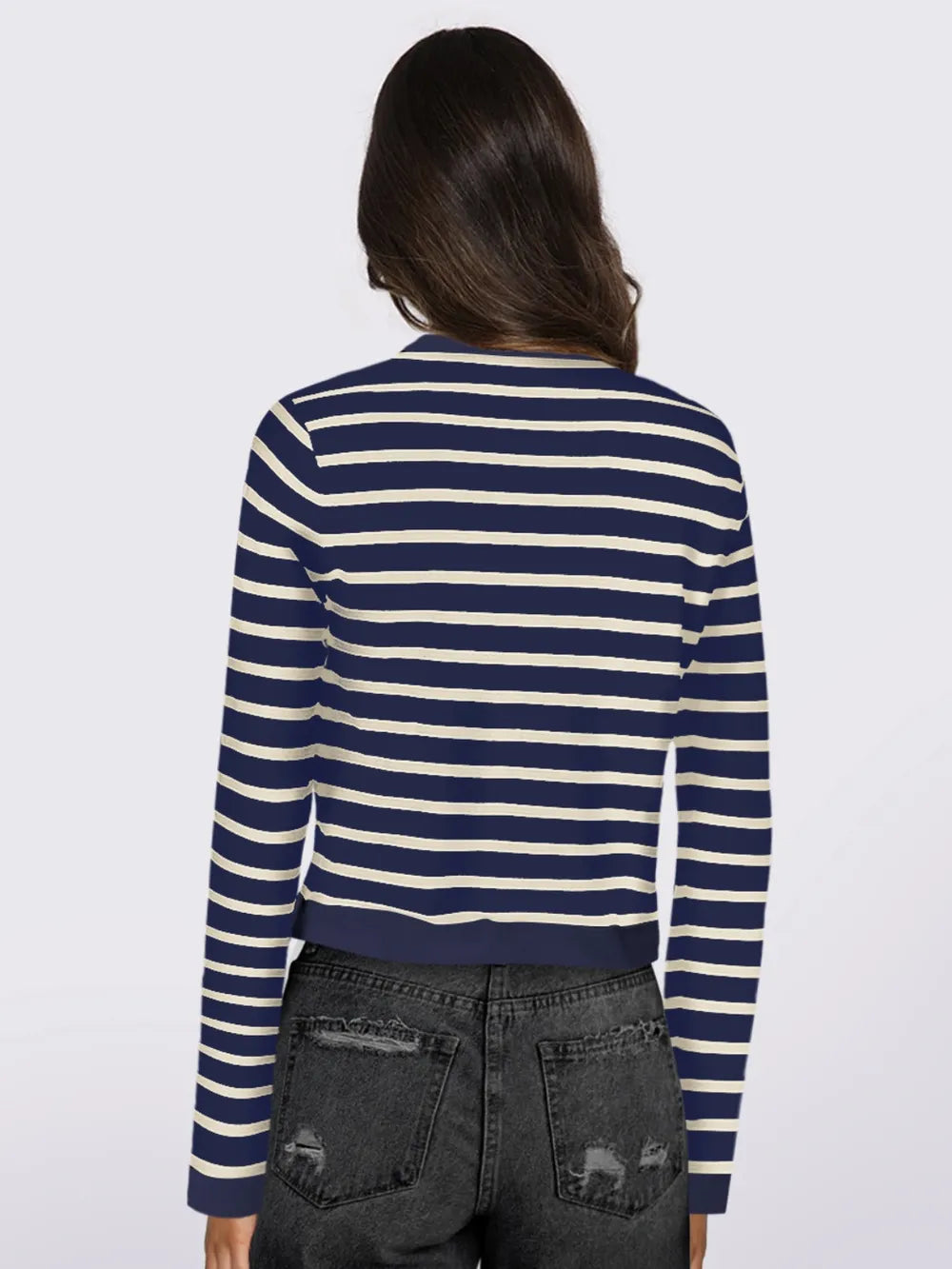 Striped Round Neck Button Up Long Sleeve Cardigan - Lilixa.store