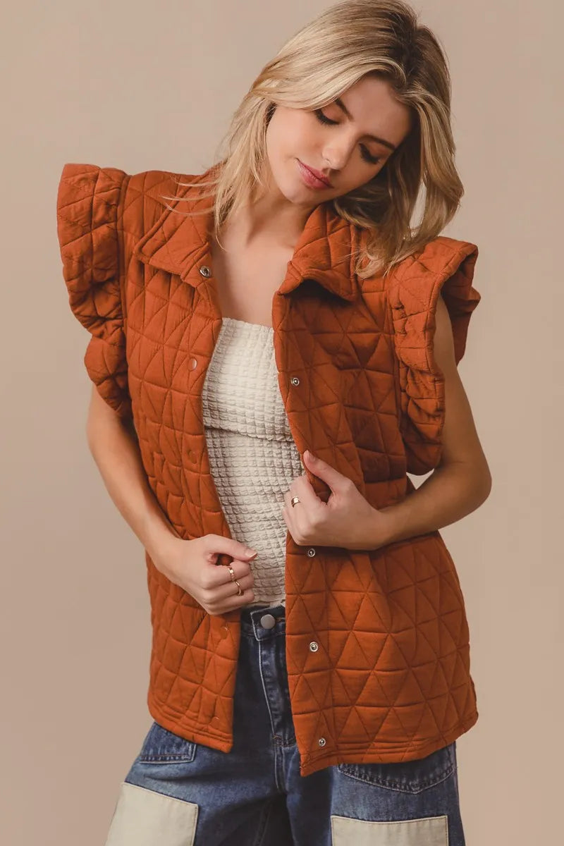 BiBi Quilting Knit Ruffle Sleeve Vest in Rust, view 3