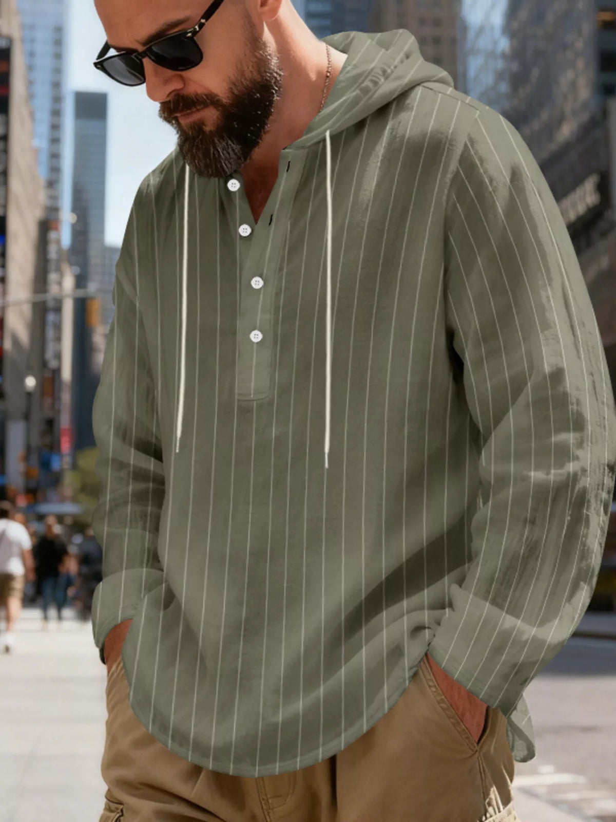 Men's Full Size Casual Striped Henley Hoodie with Drawstring Plus Size, view 5