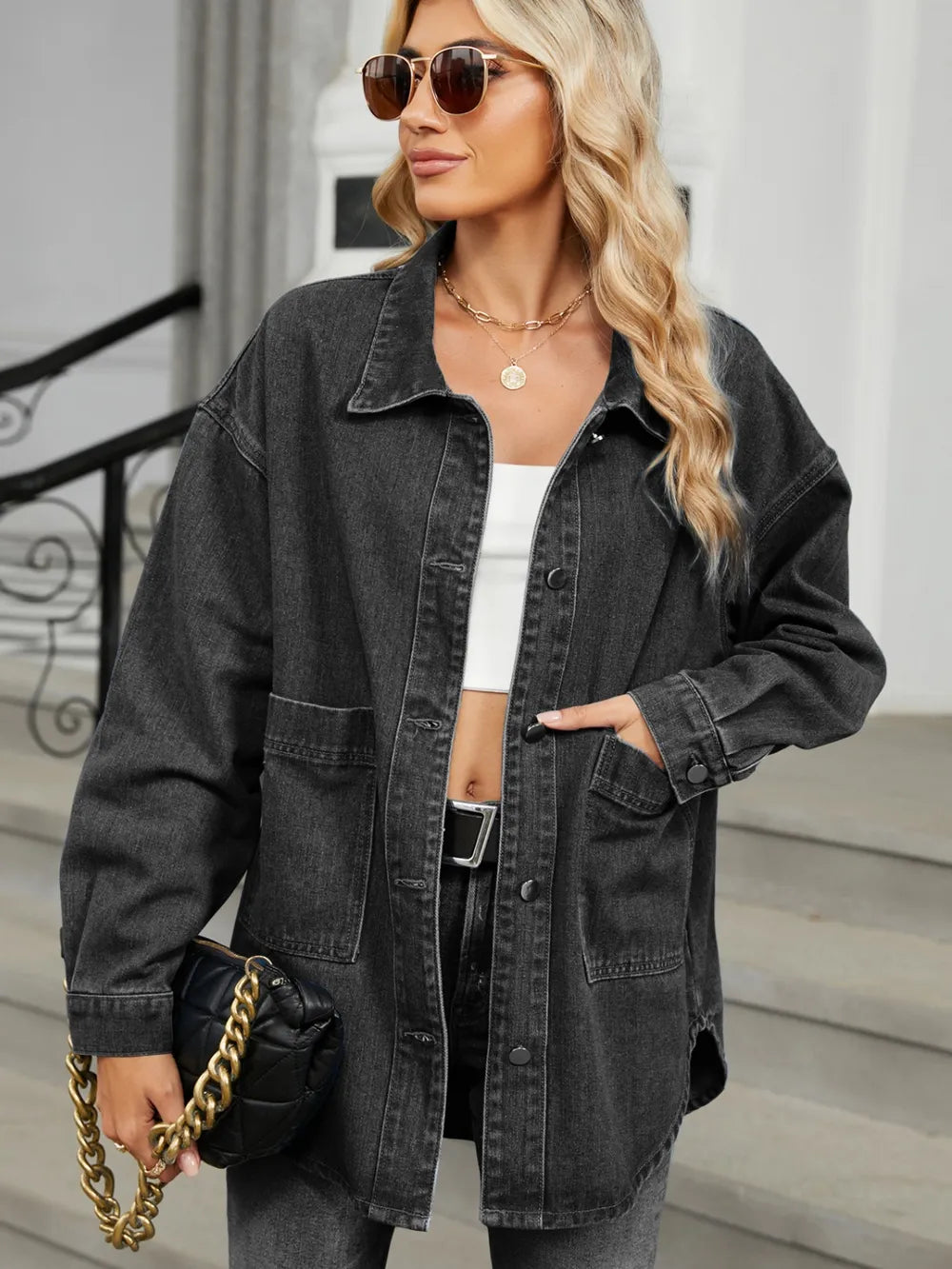 Removable Hood Button Up Long Sleeve Denim Jacket in Black, view 8