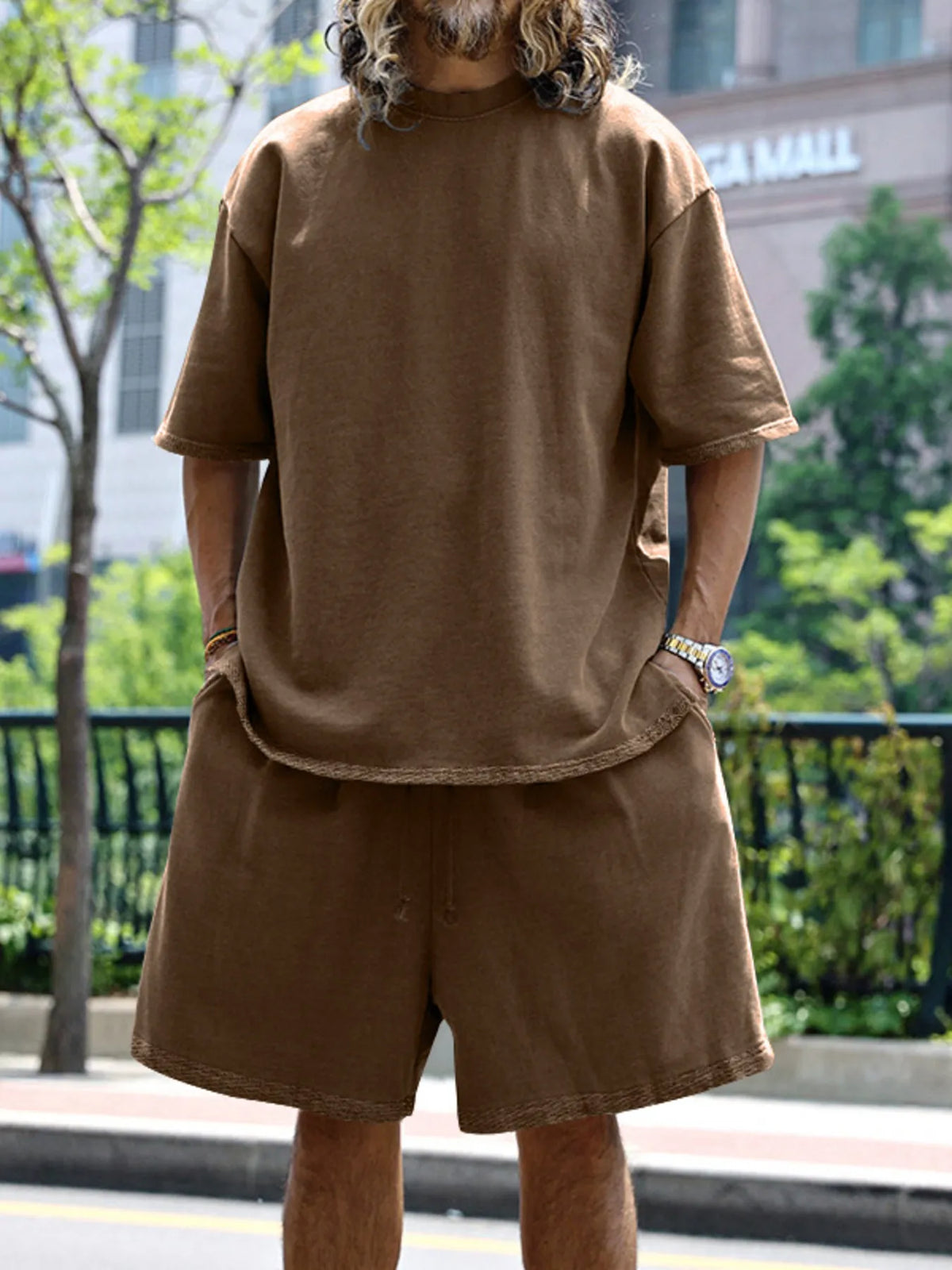 Men's Full Size Round Neck Short Sleeve Top and Shorts Set Plus Size in Dark Brown