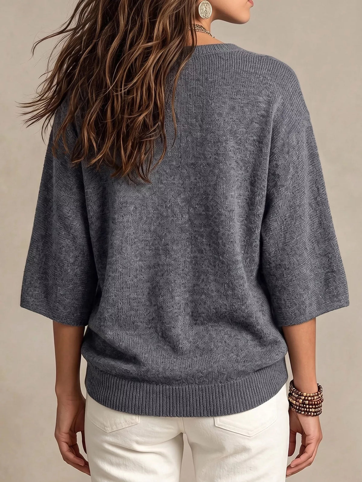 Round Neck 3/4 Sleeve Knit Top