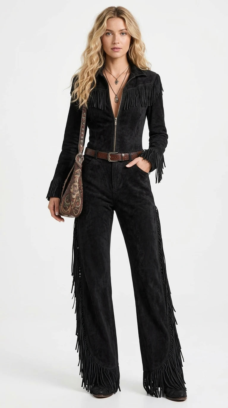 Western-Inspired Suede Fringe Jumpsuit with Zipper Front in Black