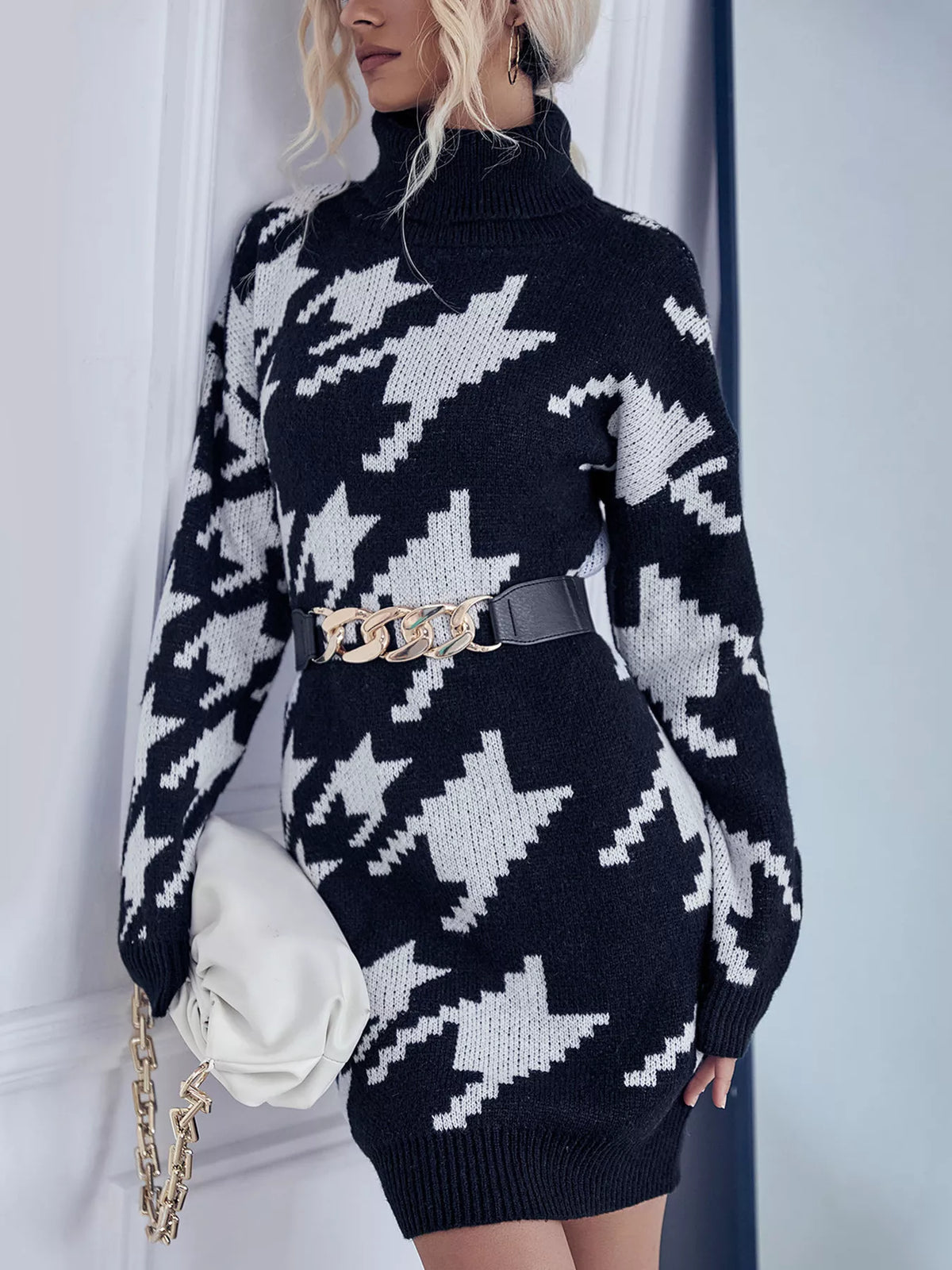 Houndstooth Pattern Turtleneck Sweater Dress in Black, view 5
