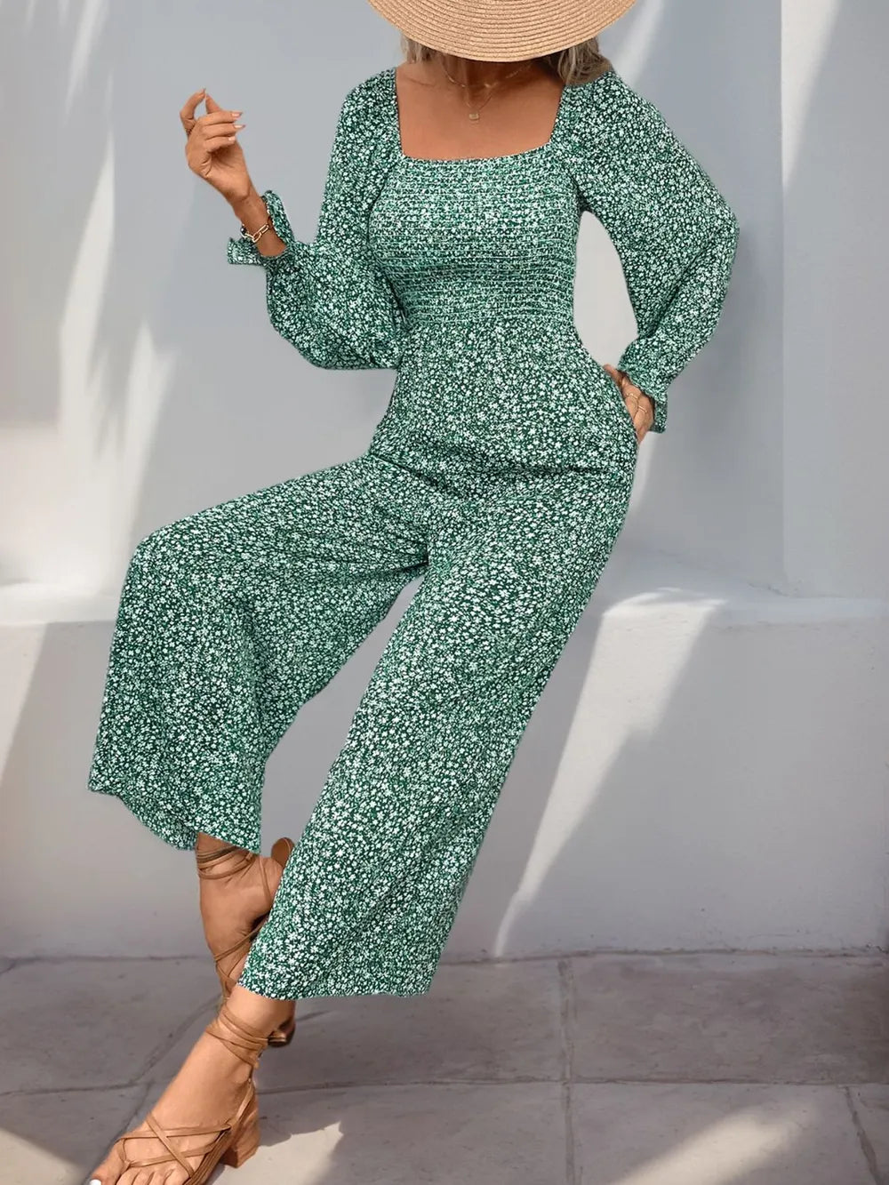 Perfee Smocked Printed Long Sleeve Wide Leg Jumpsuit - Lilixa.store