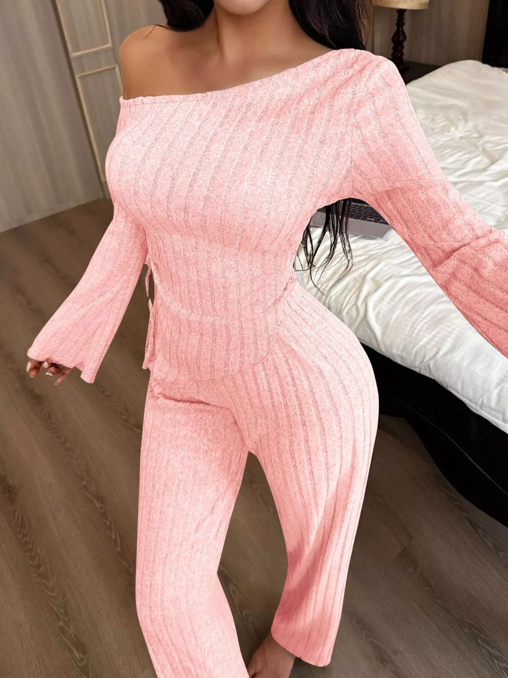 One-Shoulder Ribbed Knit Top and Pants Set - Lilixa.store