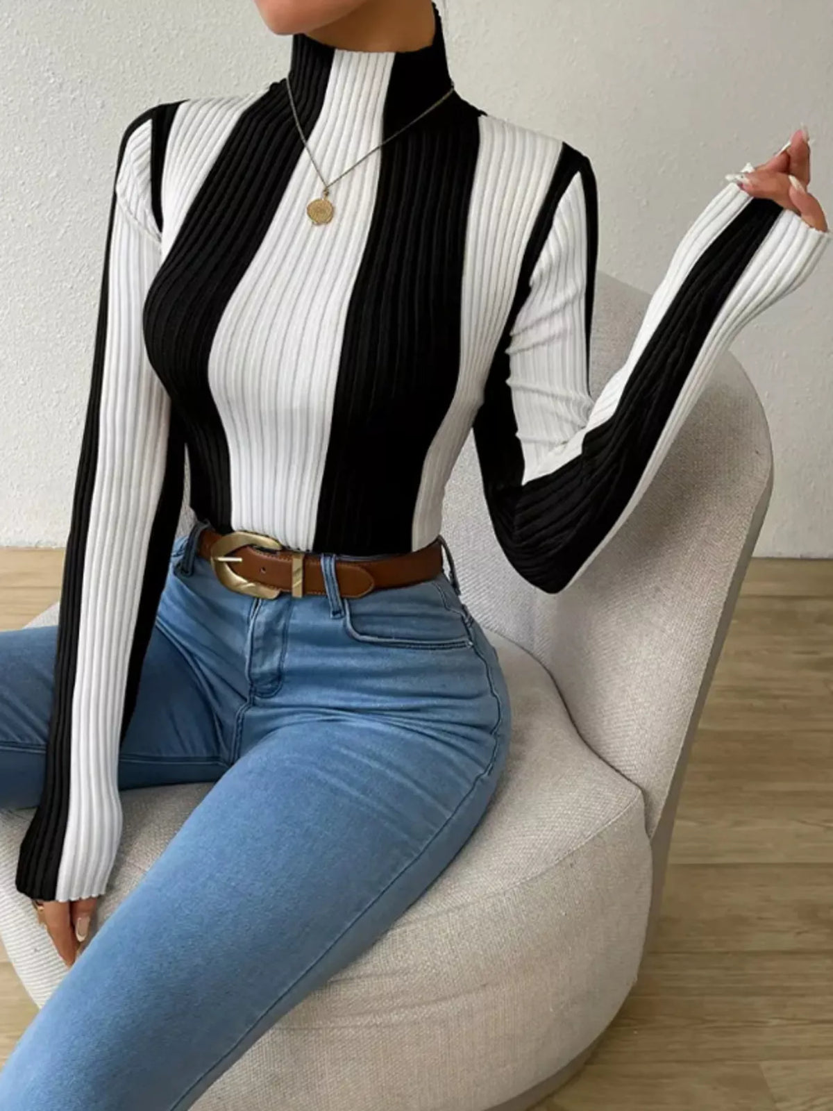 Color Block Turtleneck Ribbed Knit Top - Lilixa.store
