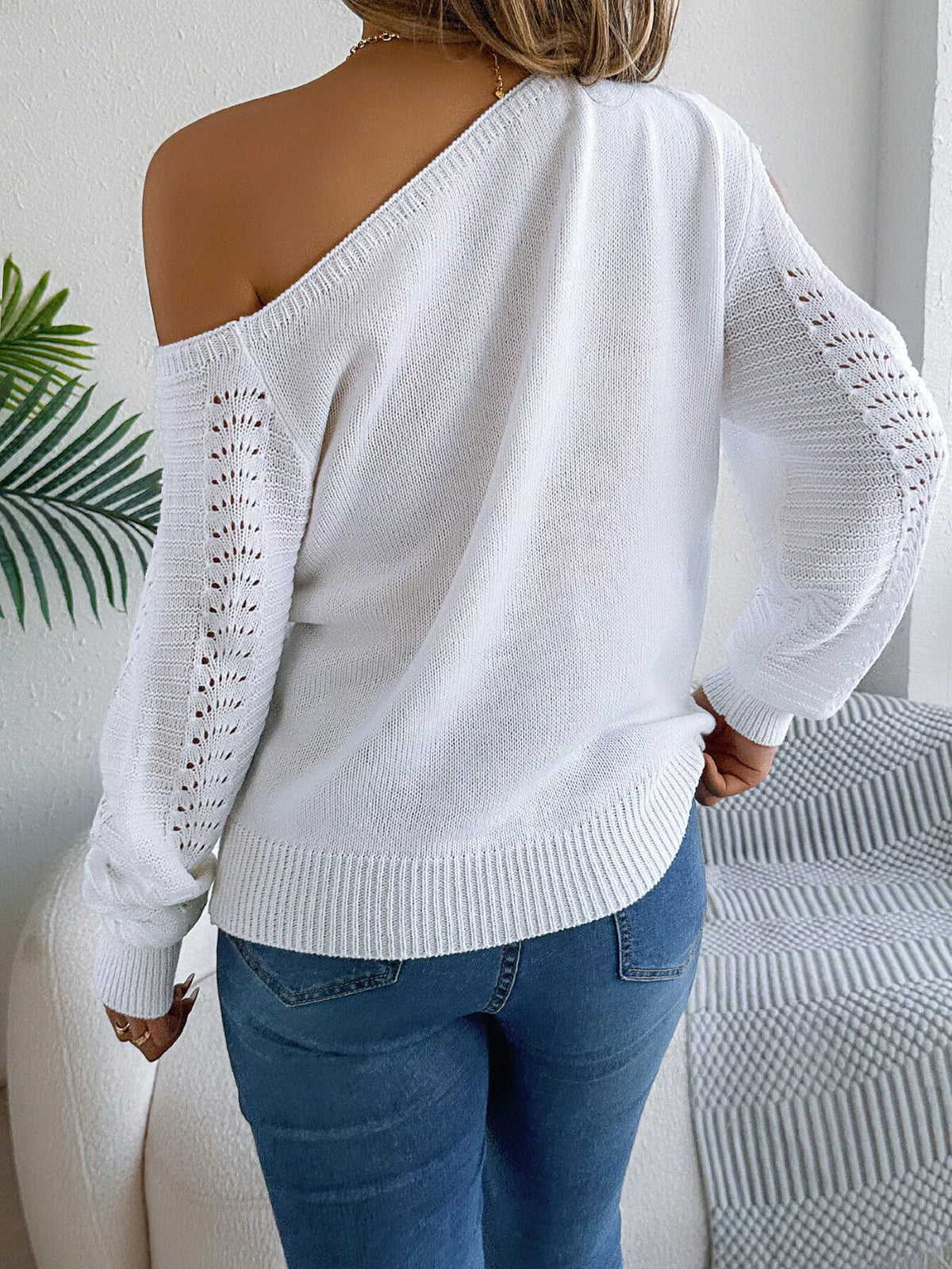 Cold-Shoulder Ribbed Knit Openwork Sweater, view 9