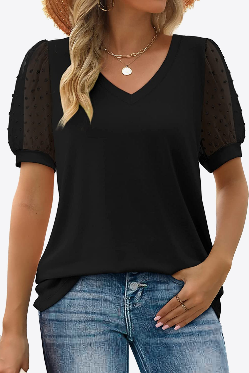 Swiss Dot Puff Sleeve V-Neck Tee - Lilixa.store