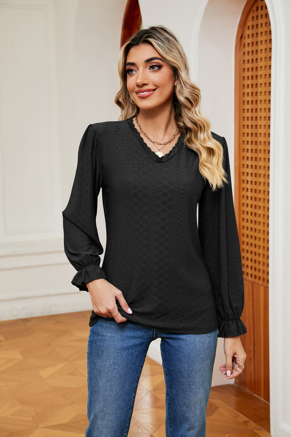 V-Neck Flounce Sleeve Blouse - Lilixa.store