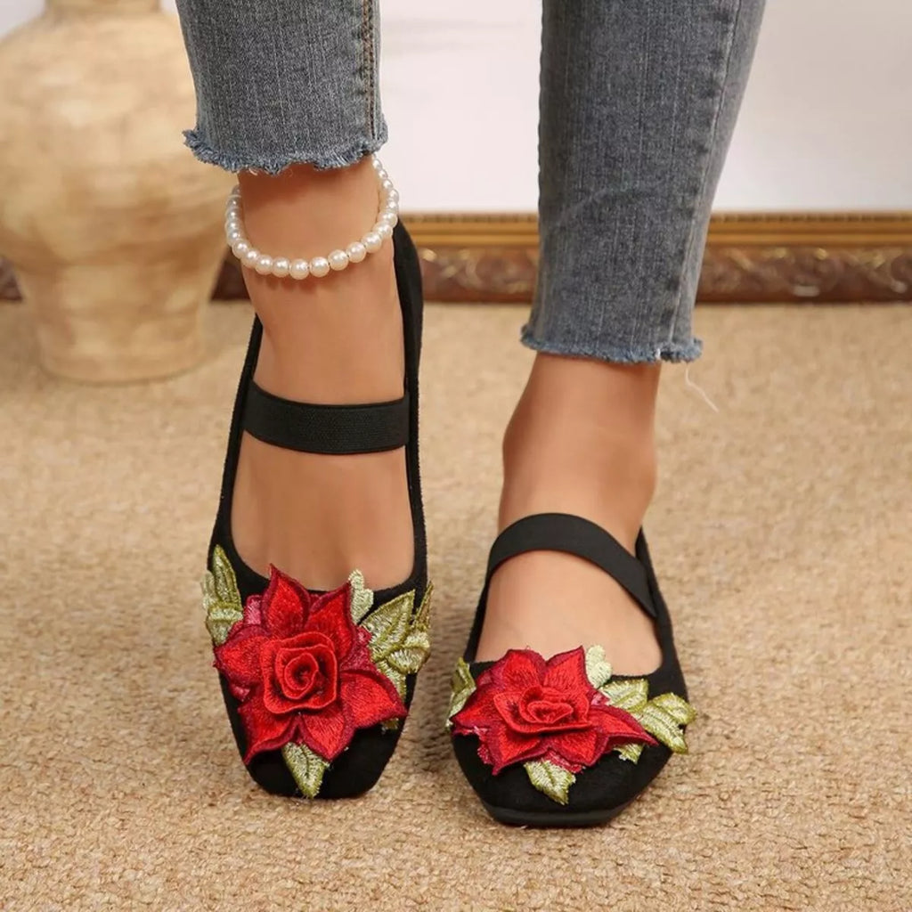 Flower Square Toe Slip-Ons in Black, view 4
