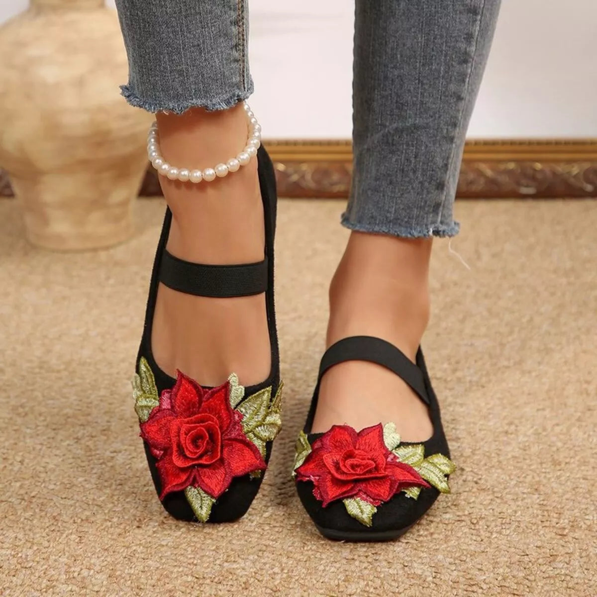 Flower Square Toe Slip-Ons in Black, view 4