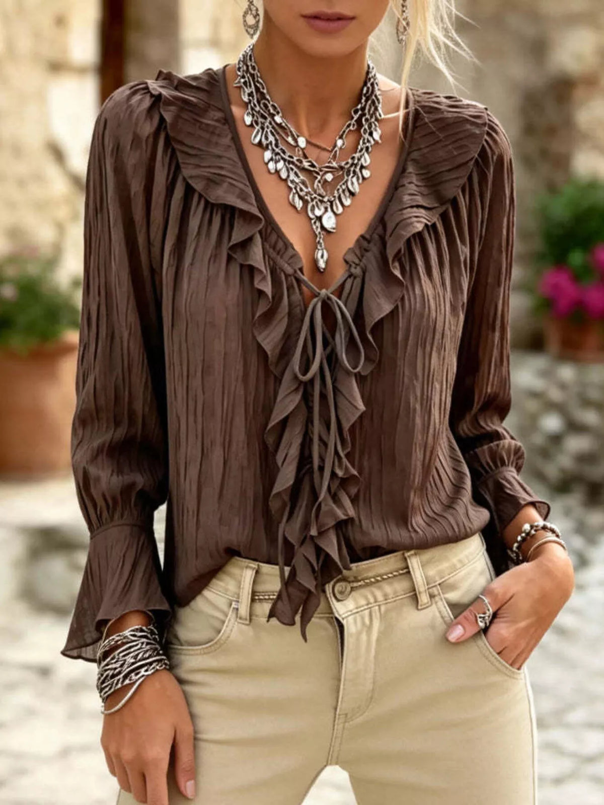 Full Size Ruffled Tie Neck Long Sleeve Blouse Plus Size