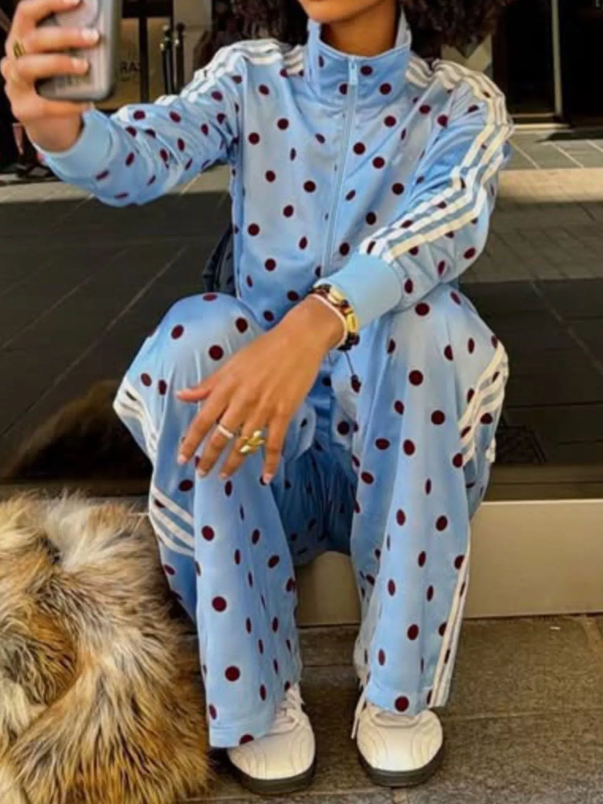 Polka Dot Side Striped Outerwear and Pants Set - Lilixa.store