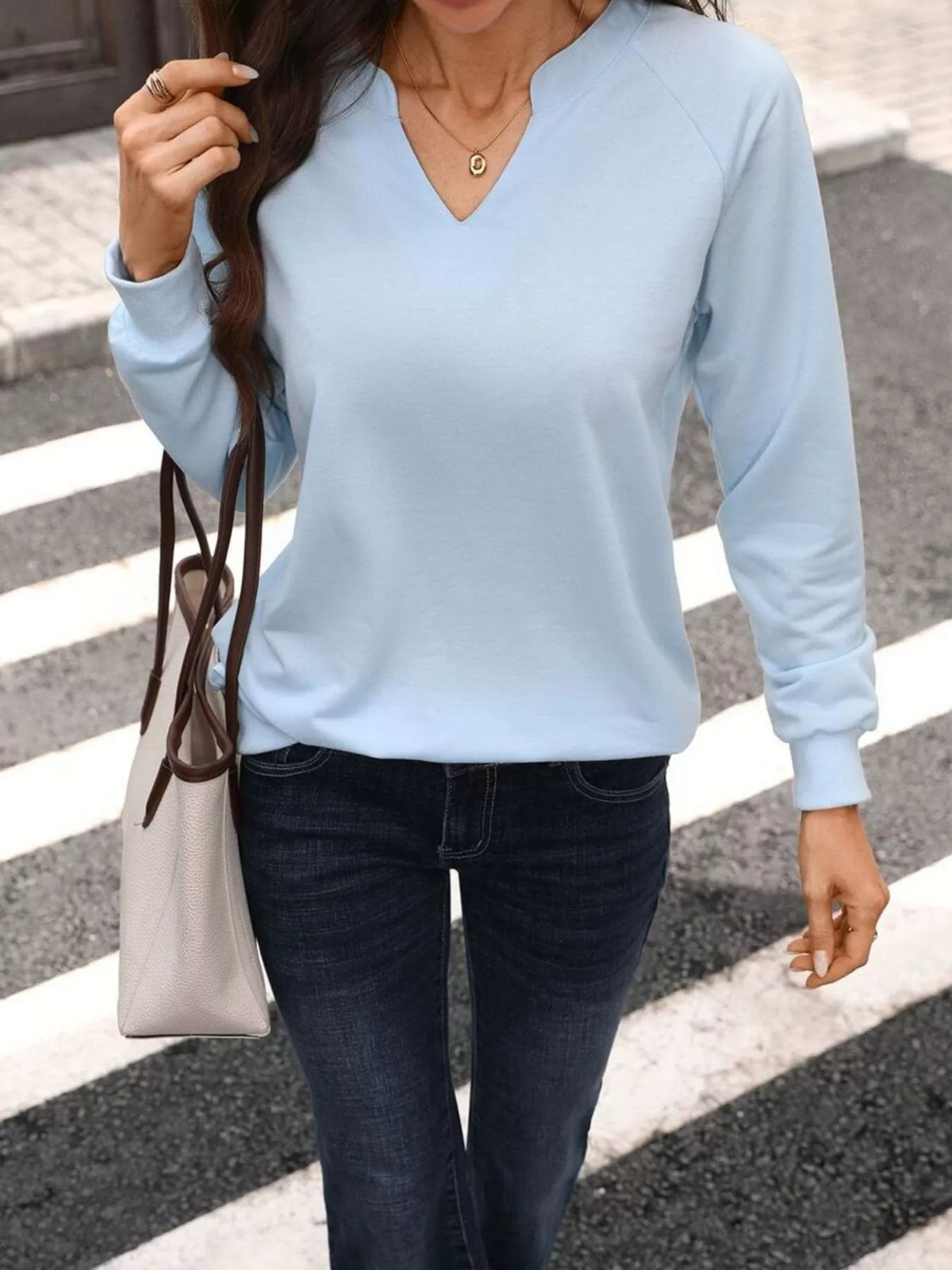Notched Raglan Sleeve Sweatshirt - Lilixa.store